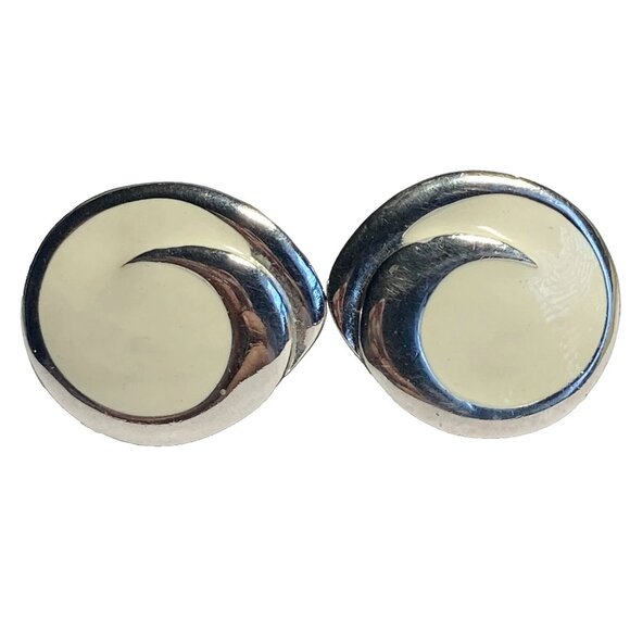 Vintage Cream Enamel Swirl Clip On Earrings 80s 90s Silver Rhodium Plated - Picture 1 of 10